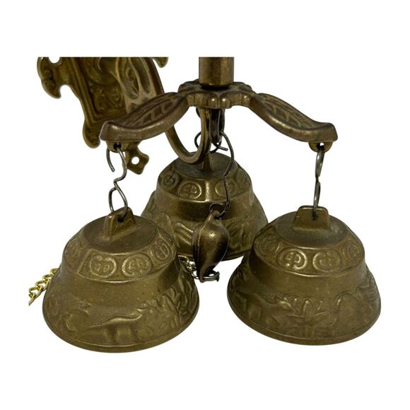 Brass Wall-Mounted Triple Bell Set Ornate Design Chain Pull Vintage Monastery - Picture 9 of 16